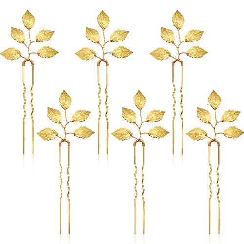6 Packs Bride Gold Leaf Hair Pins, Vintage Leaves Hair Clip for Wedding Hair Pins, Bride and Bridesmaid Hairstyle Accessories