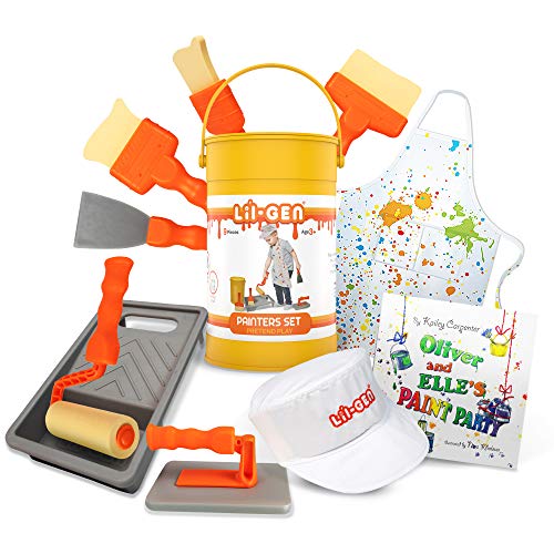 Li'l-Gen Painter's Tool Set Plus Book - Pretend Play Toddler Toys for Kids Age 2-4, Includes Cap, Apron, 8 Painter Tools and Storage Paint Bucket