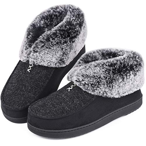 Book Cover Women's Cozy Memory Foam Slippers Fluffy Wool Like Faux Fur Fleece Lined House Shoes with Indoor Outdoor Sole (8 B(M) US, Deep Black)