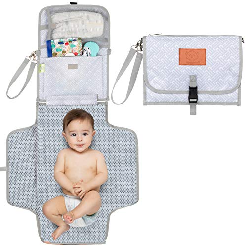 Baby Diaper Changing Pad - Portable Waterproof Diaper Changing Mat - Folding Diaper Changing Station - Travel Diaper Change Pads - Changing Clutch - Detachable Stroller Hooks (Gray Mod)