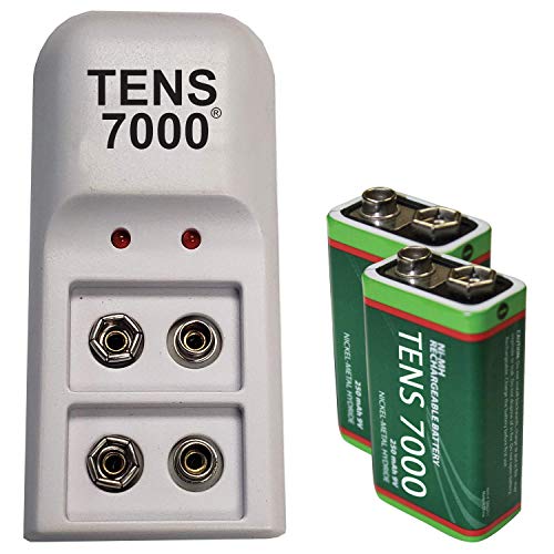 Book Cover TENS 7000 Official Rechargeable 9v Batteries Kit - Includes NiMh/NiCd Charger and 2 Rechargable 9 Volt Batteries - TENS Unit Battery Pack