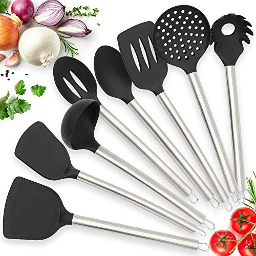 Twichwares Kitchen Utensil Set Cooking - Silicone Nonstick cookware with Stainless Steel Handle - Spatula, Ladle, Tongs, Whisk, Pasta Server Kitchen Accessories