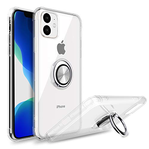 Book Cover Yunerz Compatible iPhone 11 Case, iPhone 11 Clear Soft TPU Slim Case with 360 Degree Rotating Button Bounce Ring Kickstand and Magnetic for iPhone 11 2019 6.1 inch (Clear)