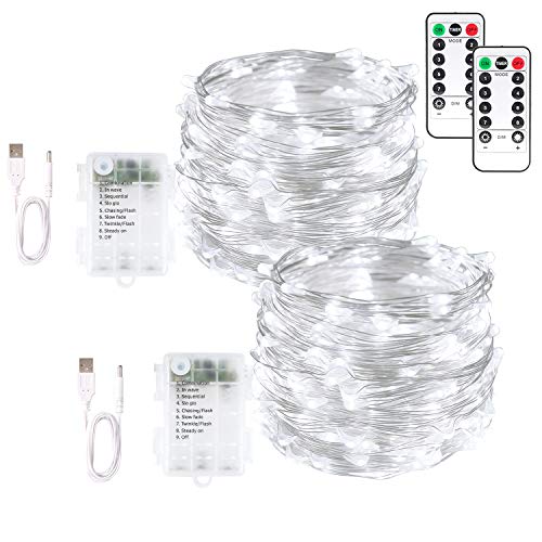 Blingstar Fairy Lights 2 Pack String Lights 33ft 100 LED USB and Battery Operated Christmas Lights Remote Control Timer 8 Modes Firefly Lights Cool White Fairy String Lights for Bedroom Wedding Decor