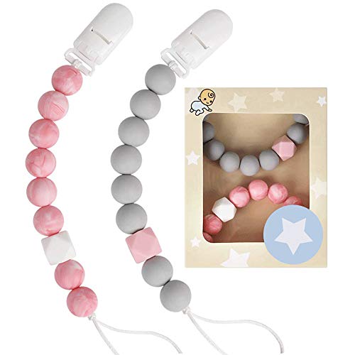 Book Cover Pacifier Clip TYRY.HU Soothie Binkie Holder Silicone Teething Beads Teether Clips for Girls, 2 Pack (Grey, Marble Pink)