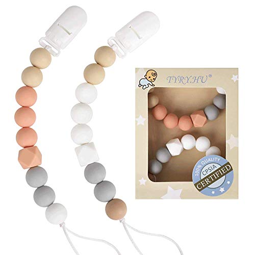 Book Cover Pacifier Clip TYRY.HU Teething Silicone Beads Soothie Binky Holder Teether Clips for Boys Girls, Baby Registry Shower Gifts, 2 Pack (White, Beige)