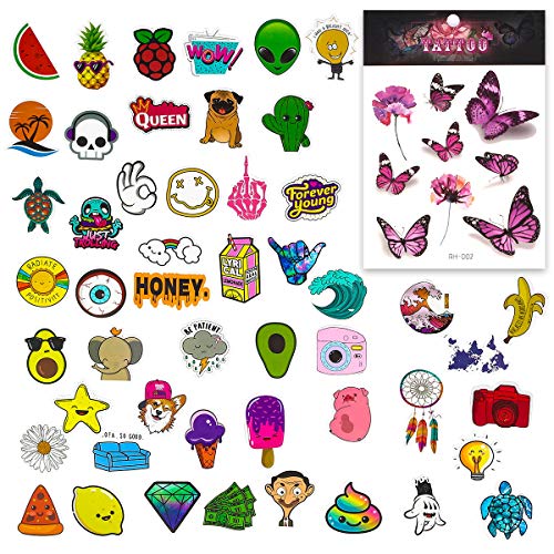 Cute Stickers (50pcs) for Water Bottle, Laptop, Luggage Decal Aesthetic Sticker Waterproof with Bonus Butterfly Tattoo Sticker(One Sheet) for Women Girl Teen