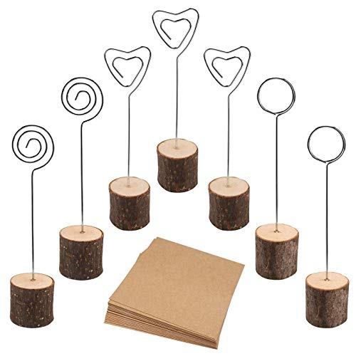 Book Cover muscccm Rustic Wood Place Card Holder, Photo Picture Note Clips with Swirl Wire Wooden Table Number Stands & 25 pcs Kraft Place Cards Bulk ï¼ŒBest Choice for Wedding Home Party Table Number Name Label