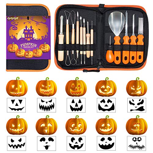 QIQIGO Pumpkin Carving Kits 13 Piece Professional Pumpkin Cutting Supplies Tools Set for kids Stainless Steel with Stencils for Halloween Decoration jack-o-lanterns