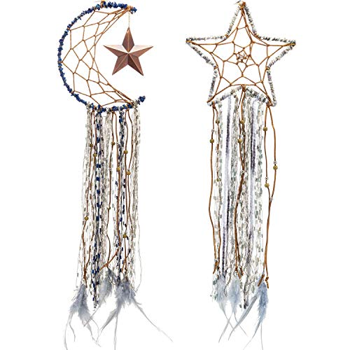 Blulu 2 Pieces Blue Moon Half Circle Dream Catcher Star Feather Dream Catcher Handmade Pentagram Dream Catcher Hanging for Home Dorm Decorations Ornament Craft Gift