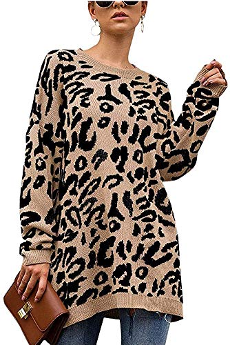 Nekosi Womens Loose Leopard Print Sweater Long Sleeve Knitted Oversized Tunic Khaki Medium