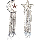 Blulu 2 Pieces Blue Moon Half Circle Dream Catcher Star Feather Dream Catcher Handmade Pentagram Dream Catcher Hanging for Home Dorm Decorations Ornament Craft Gift