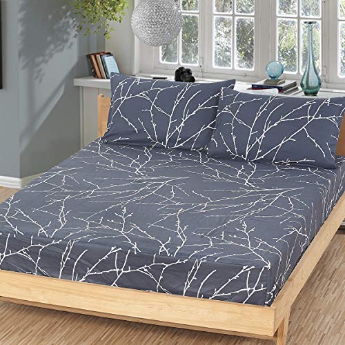 Book Cover YEPINS Microfiber Fitted Sheet, Branch and Plum Printed Pattern, Navy Color, Queen Size- 3 Piece(1 Fitted Sheet and 2 Pillowcase)