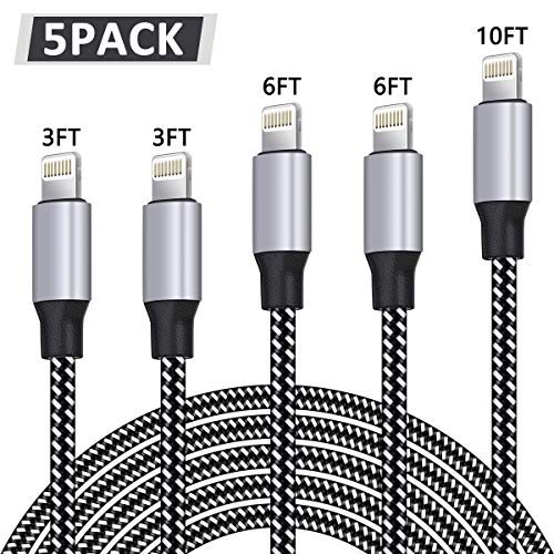 Book Cover WUYA iPhone Charger, MFi Certified Lightning Cable 5 Pack (3/3/6/6/10FT) Nylon Woven with Metal Connector Compatible iPhone Xs Max/ X/8/7/Plus/6S/6/SE/5S iPad - Black&White