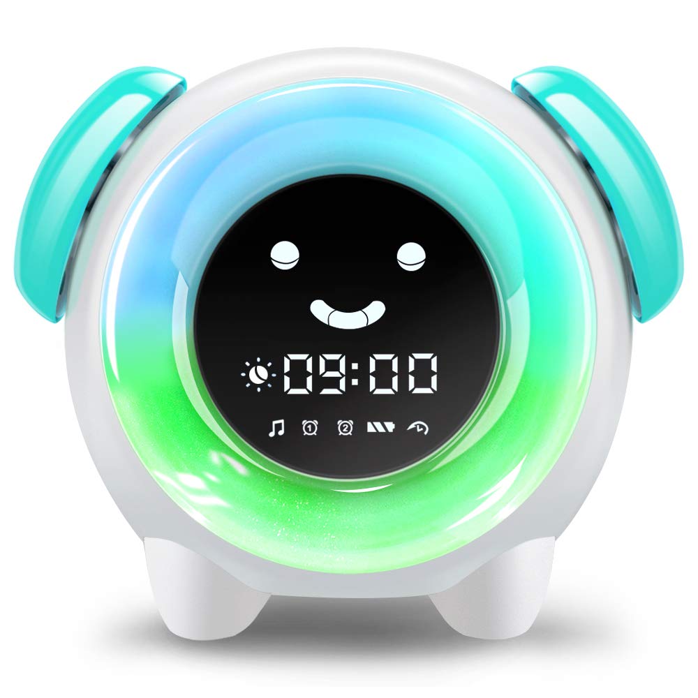 Book Cover Alarm Clock for Kids, Sleep Training Clock with 7 Colors Night Light, 6 Alarm Rings, NAP Timer, Teach Children Time to Wake up, Rechargeable Battery USB Charging Clock for Boys Girls Bedroom (Green)