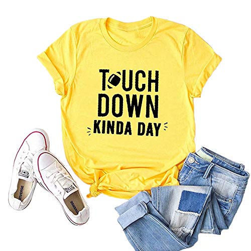 Women T-Shirts Touch Down Kinda Day Letter Printed O-Neck Short Sleeve Football Mom Girls Funny Novelty Tops Tees