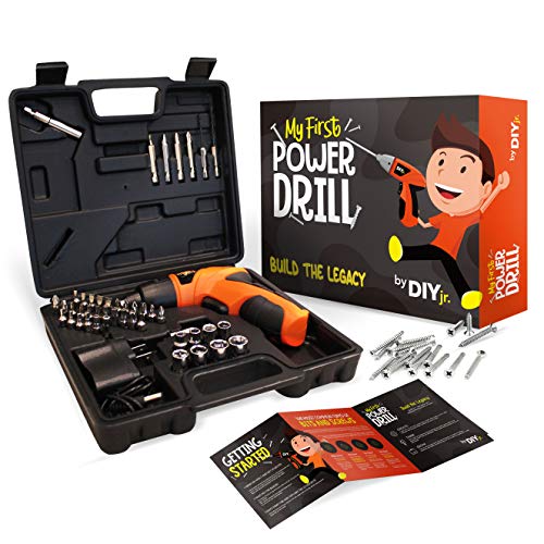 Book Cover My First Power Drill Set - Real Cordless Drill for Boys and Girls - Lightweight, LED Light, Child Size Kit, Carrying Case, Includes Bits, Charger, 5 Year Warranty