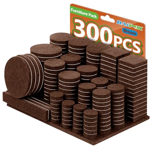 Furniture Pads Felt Pads 300 Pieces Huge Pack Furniture Felt Pads 5mm Thick, Self Adhesive Anti Scratch Floor Protectors for Furniture on Hardwood Tile Floor, with 60 Cabinet Door Bumpers, Brown