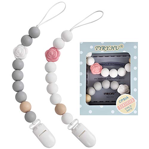 Book Cover Pacifier Clip, TYRY.HU Rose Binky Holder Soothie Chain for Teething Relief Silicone Beaded Teether Toy Perfect Baby Shower Gifts for Girl or Boy (White+Grey)
