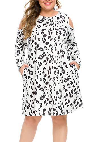 Book Cover HBEYYTO Women Plus Size Dresses Floral Print Cold Shoulder Long Sleeve Casual Loose T-Shirt Swing Midi Dress with Pockets