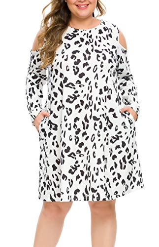 HBEYYTO Women Plus Size Dresses Floral Print Cold Shoulder Long Sleeve Casual Loose T-Shirt Swing Midi Dress with Pockets