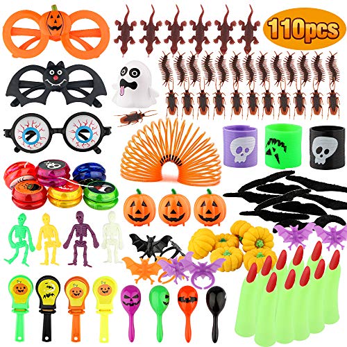 Baztoy Halloween Toys 110 pcs Kids Party Favors, Fun Gifts Fake Bugs Bat Rings Joke Toys Assortment, Bulk Decoration Kits, Theme Party Supplies, Teachers Rewards, Halloween Prizes, Goodie Bags