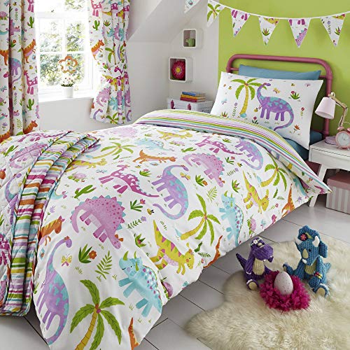 Happy Linen Company Childrens Girls Dinosaur Park Jurassic Pink T-Rex Dino White Reversible US Twin Comforter & Sham Set
