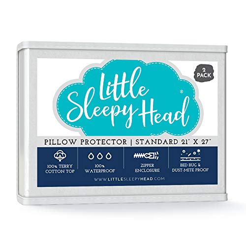 Book Cover Little Sleepy Head Waterproof, Zippered Standard Pillow Protectors, Set of 2, Terry Cotton, 100% Hypoallergenic Pillow Covers Protect from Allergens, Bed Bugs, Dust Mites, Moisture - 2 Pack, (21x27)