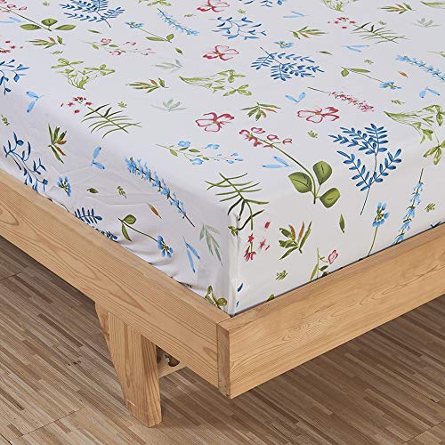 Book Cover YEPINS Microfiber Fitted Sheet(No Flat Sheet), 3 Piece(1 Fitted Sheet and 2 Pillowcases), Floral Printed Pattern Design, White Background- Queen Size