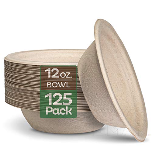 Book Cover 100% Compostable 12 oz. Paper Bowls [125-Pack] Heavy-Duty Quality Natural Disposable Bagasse, Eco-Friendly Biodegradable Made of Sugar Cane Fibers