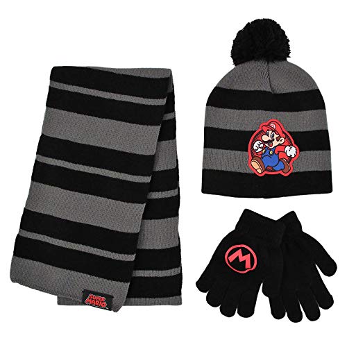 Book Cover Nintendo Super Mario Scarf, Hat and Gloves Set for Little Boys Age 4-7, Black/Grey