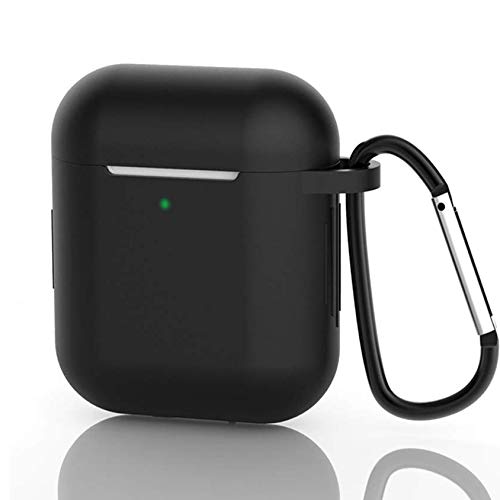 Book Cover AirPods Case, Silicone Protective Cover Compatible with Apple AirPods 1/2 Shock Resistant Waterproof AirPods Cover with Carabiner Anti-lost Strap Anti-Dust Plug Front LED indicator Visible (Black)