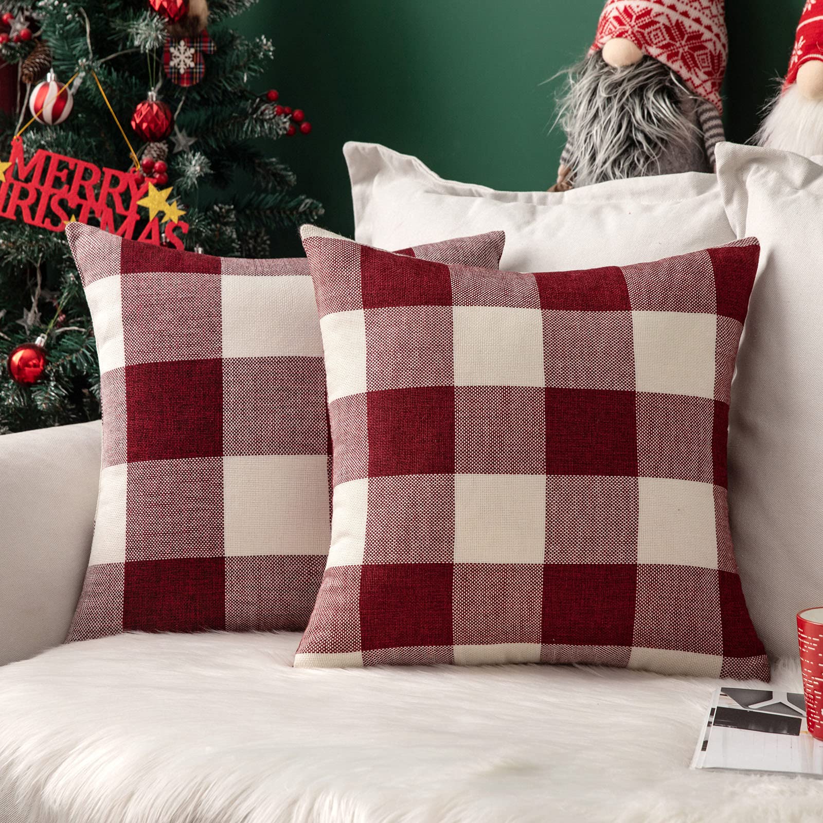 Book Cover MIULEE Pack of 2 Christmas Classic Farmhouse Buffalo Check Plaids Polyester Linen Soft Solid White and Red Decorative Throw Pillow Covers Home Decor Cushion Case for Sofa Bedroom Outdoor 24 x 24 Inch 24''x24'' White and Red