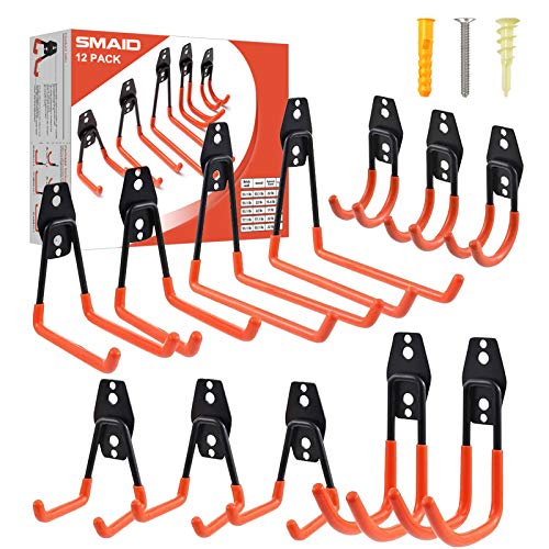 Garage Hooks, 12 Pack Heavy Duty Garage Storage Hooks Steel Tool Hangers for Garage Wall Mount Utility Hooks and Hangers with Anti-Slip Coating for Garden Tools Organizer, Ladders, Bikes, Bulky Items