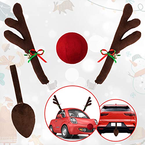 eletecpro Car Reindeer Antlers,Nose & Tail - Window Roof - Rudolph Reindeer Car Jingle Bell Set Christmas Costume Auto Accessories Christmas Decorations