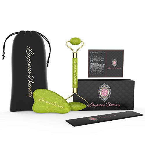 Jade Roller, Gua Sha Set by Layanne Beauty | Lifetime Replacement Warranty | Includes Travel Bag, Hair Band As a Bonus | Anti Aging, Wrinkle, Firming, Slimming Natural Beauty Face Massager Tool