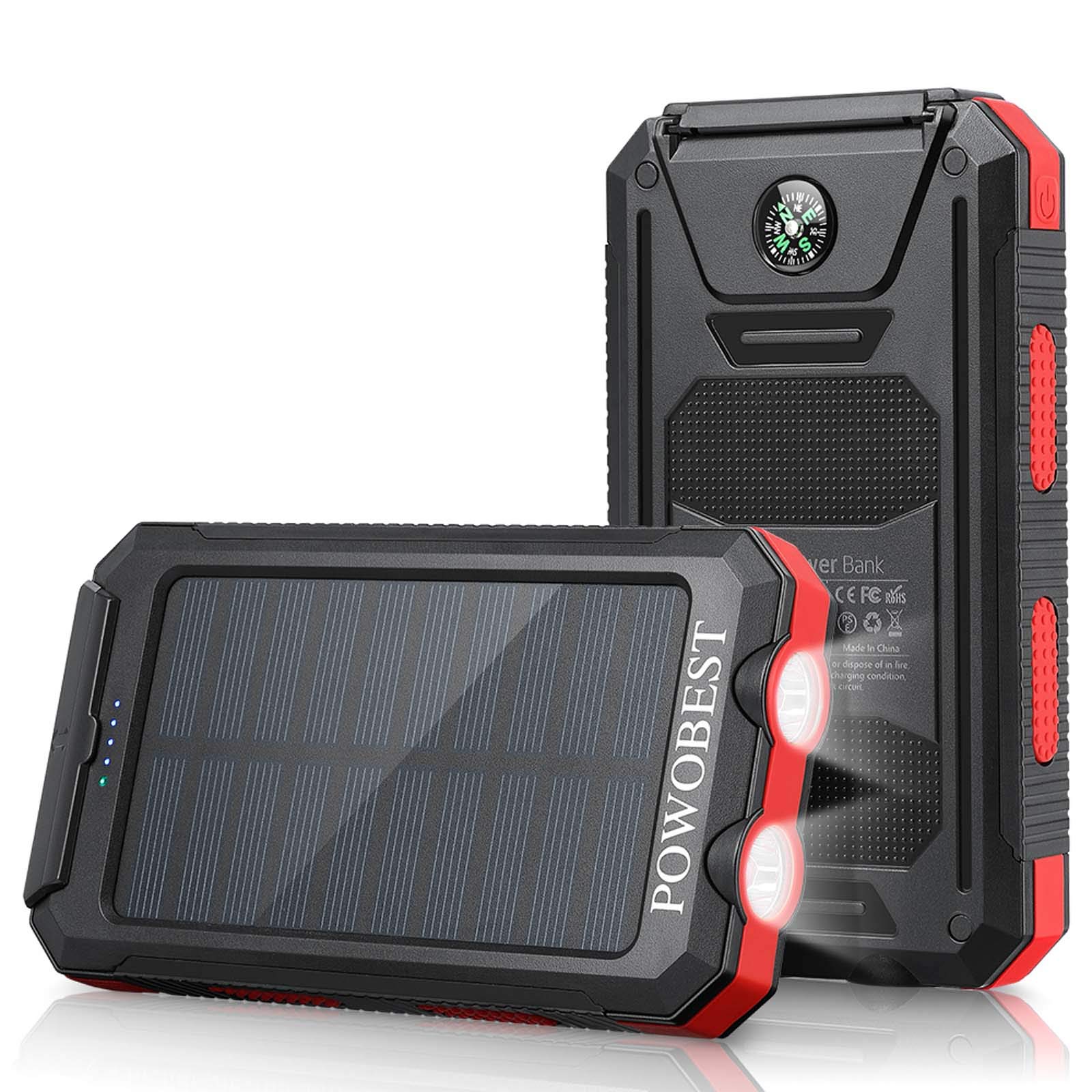 Book Cover 10000mAh Solar Power Bank, POWOBEST Portable Solar Panels with Flashlight & Compass Waterproof Solar Power Bank, Solar Phone Charger-