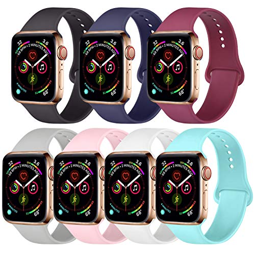 Book Cover [Pack 7] Compatible with Apple Watch Band 38mm 40mm 42mm 44mm, Silicone Strap Sport Band Compatible with iWatch Series 4/3/2/1 (Black/Navy Blue/Wine Red/Gray/Pink/White/Light Blue, 38mm/40mm-S/M )