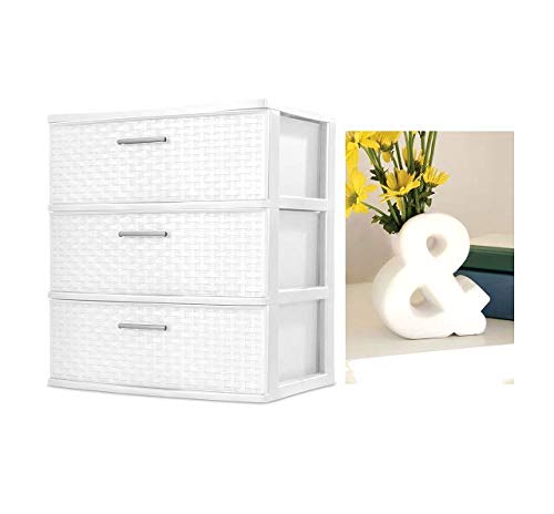 BLOSSOMZ' Wide Weave Tower with Vase (White, 3-Drawer)