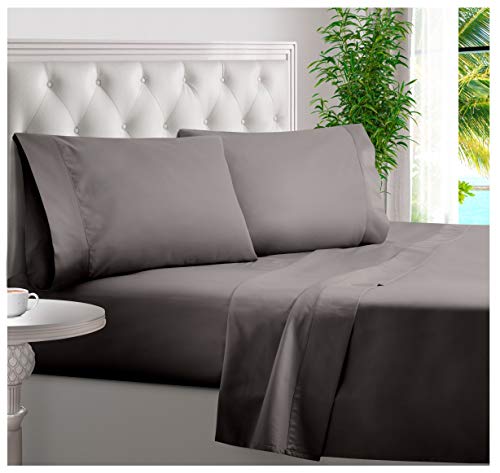 BAMPURE 100% Organic Bamboo Sheets - Bamboo Bed Sheets Organic Sheets Deep Pocket Sheets Bed Set Cooling Sheets Queen Size, Stone Gray