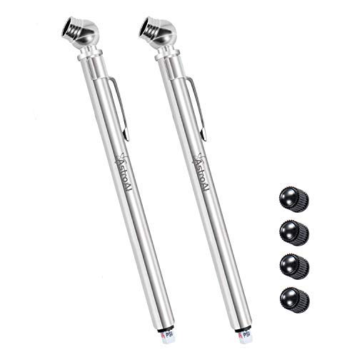 AstroAI Pencil Tire Pressure Gauges (10-75PSI) with 4 Black Stem Caps, Metal Made Nozzle for Cars, Mowers, Bikes, Carts, Wagons, Wheelbarrows (2 Pack)