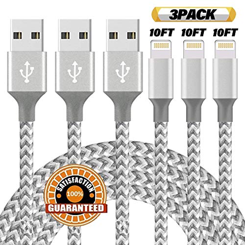 Suanna Phone Charger 3Pack 10FT Extra Long Nylon Braided USB Charging & Syncing Cord Compatible Phone Xs/Max/XR/X/8/8Plus/7/7Plus/6S/6S Plus/SE/Pad/Nan -Grey White