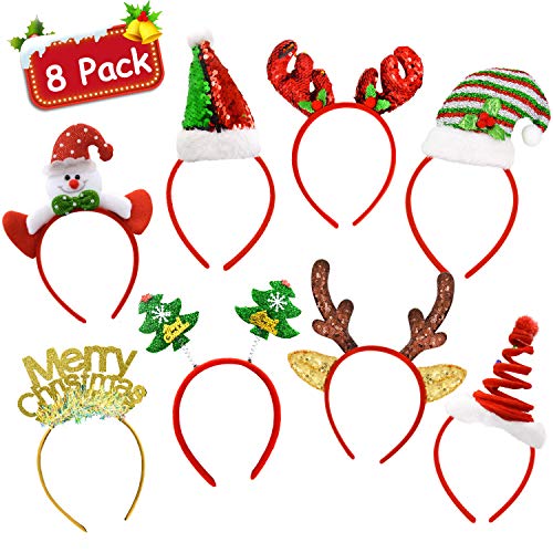 8 Pack Christmas Headbands Holiday Party Fancy Glitter Headband Hats Reindeer Antlers Snowman Xmas Tree Photo Prop Booth for Christmas Party
