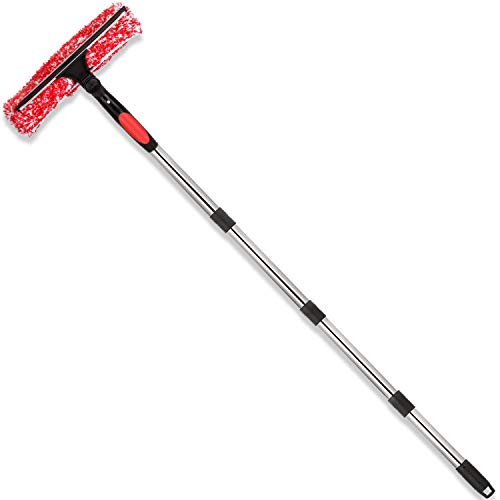 Hiware Window Squeegee and Microfiber Scrubber Cleaning Set, 2-in-1 Window Washing Equipment Kit with Stainless Steel Extension Pole for Window, Car Windshield and Shower