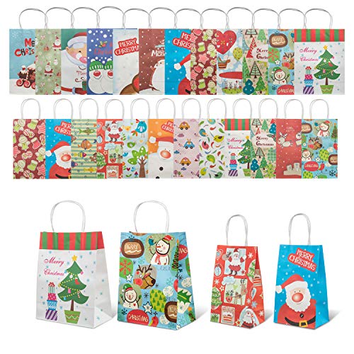Christmas Gift Bags, 24 Pieces with Assorted Christmas Prints for Kraft Holiday Paper Gift Bags, Christmas Goody Bags, Xmas Gift Bags, Classrooms and Party Favors by MIJOYEE