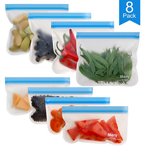 Book Cover Reusable Food Bags 8-Pack Extra-thick Reusable Storage Sandwich Bags Freezer Bags Leak Proof Reusable Snack Bags FDA Grade PEVA Lunch Food Bag Seal Baggies Ideal for Make-up Travel