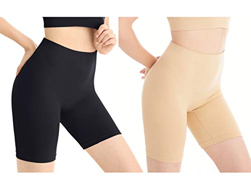 Amazingjoys Seamless Slip Shorts Women's Smooth Slip Panties for Under Dresses,Black+Beige,L-XL