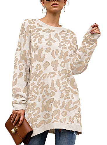 Yidarton Women's Casual Leopard Print Crew Neck Long Sleeve Camouflage Knitted Tops Oversized Pullover Sweaters