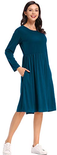 CakCton Womens Blue Dress Midi Dress Pockets Long Sleeve Winter Dress Casual Tshirt Swing Dress