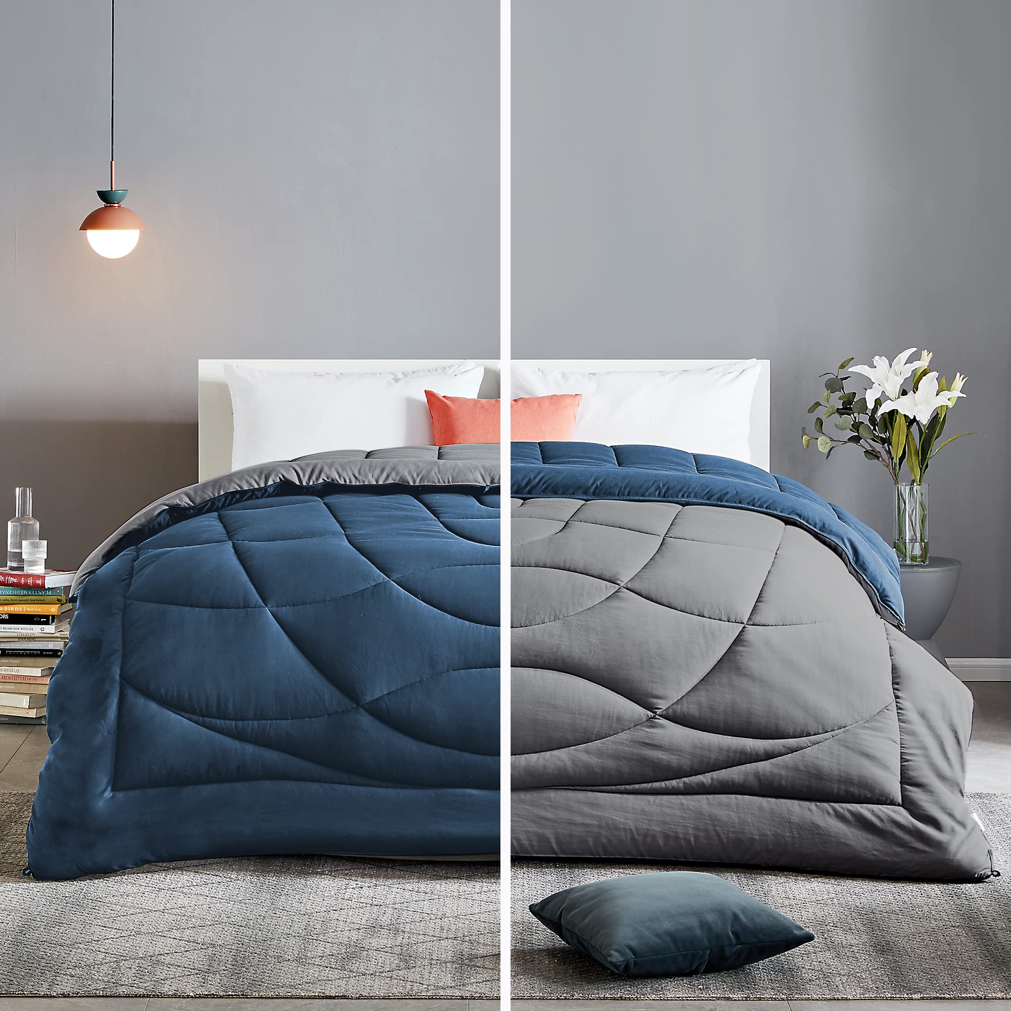 Book Cover SLEEP ZONE Reversible Queen Size Cooling Comforter, Soft Breathable Bedding Down Alternative Comforter Warm for All Seasons, A Side Navy + B Side Grey U-shape Quilting Navy & Dark Grey Queen (88x88 inch)